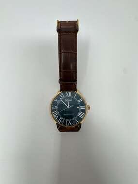 Stauer Men's Gold-Tone Round Case Watch with Roman Numerals and Brown Leather St